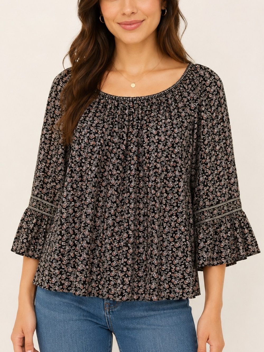 Max Studio Womens Black Floral Blouse Bell Sleeves Relaxed Tunic Sz M
